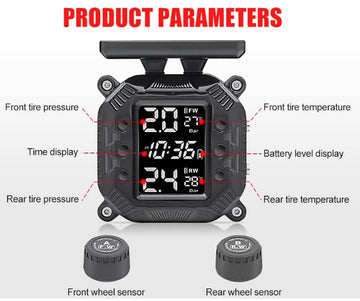 Solar Power Wireless TPMS Motorcycle Tire Pressure Monitoring System, Digital Display with 2 Wheel Sensors for Motorcycle - Imported from UK